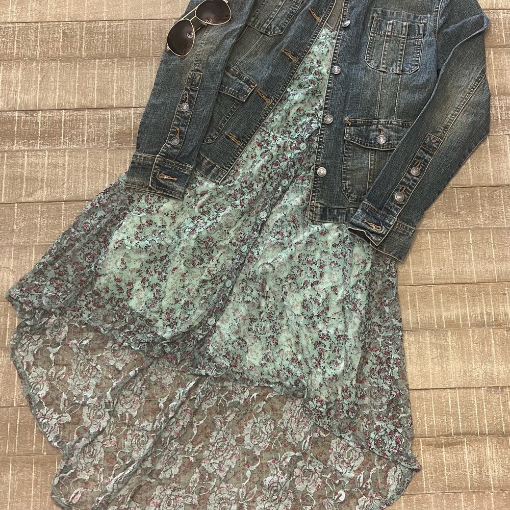 Vintage 90s Heart Soul Hi Front Low Back Knee Length Teal Floral Dress